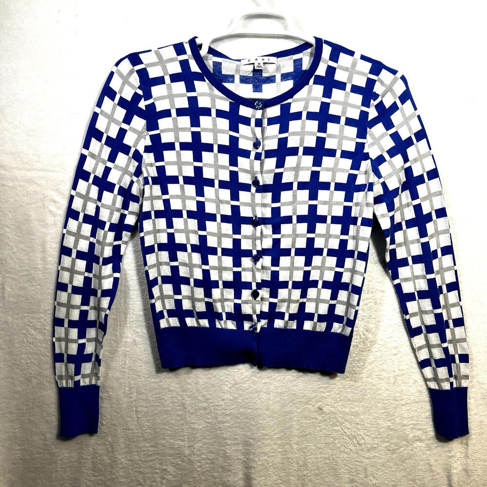 CAbi Women's Cardigan‎ Sweater Size Medium Preppy Geometric Print Button Up Blue